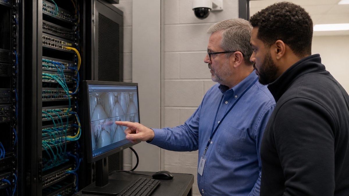 An IT director and a facility manager reviewing a network topology on a monitor in a server room, with an IP camera mounted on the wall behind them