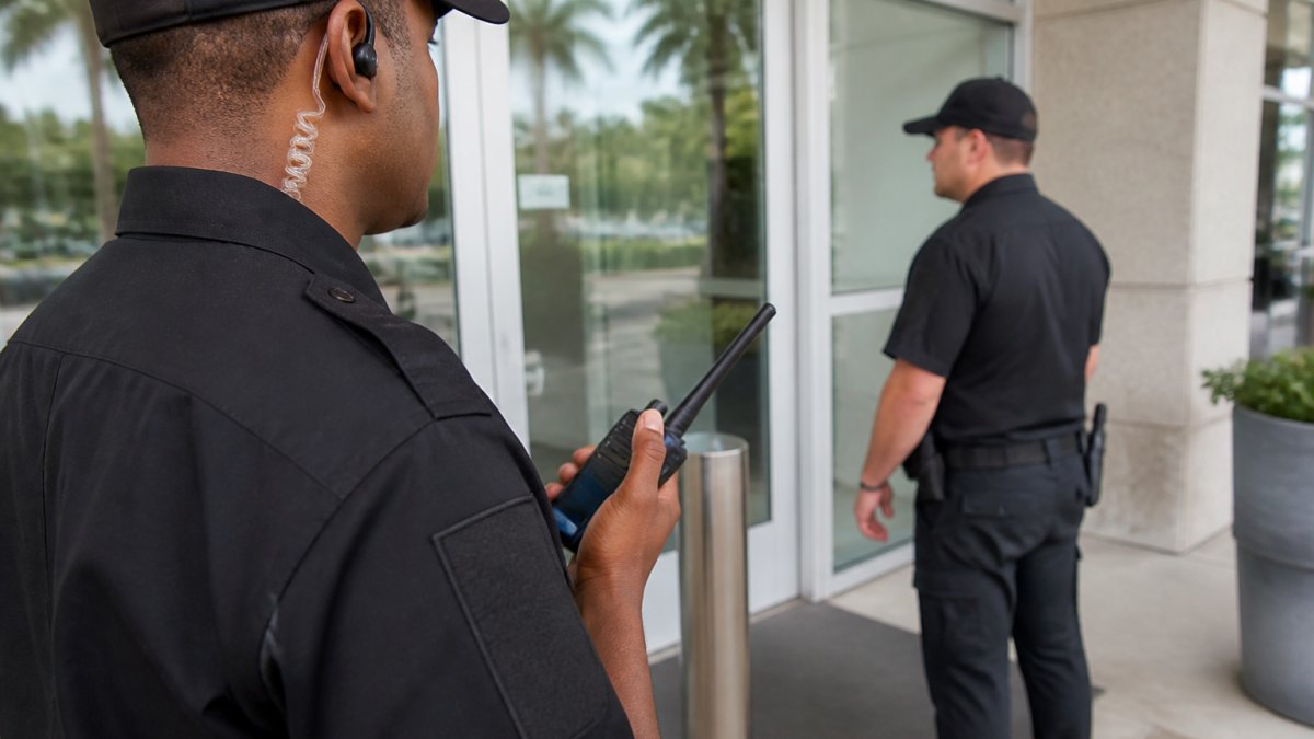 Uniformed guards from security companies West Palm Beach provide access control at a commercial building entrance.