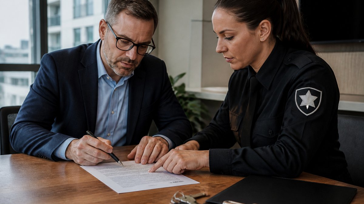 A property manager and a security company representative reviewing a printed contract at a table, pen in hand, with a clipboard and building keys nearby
