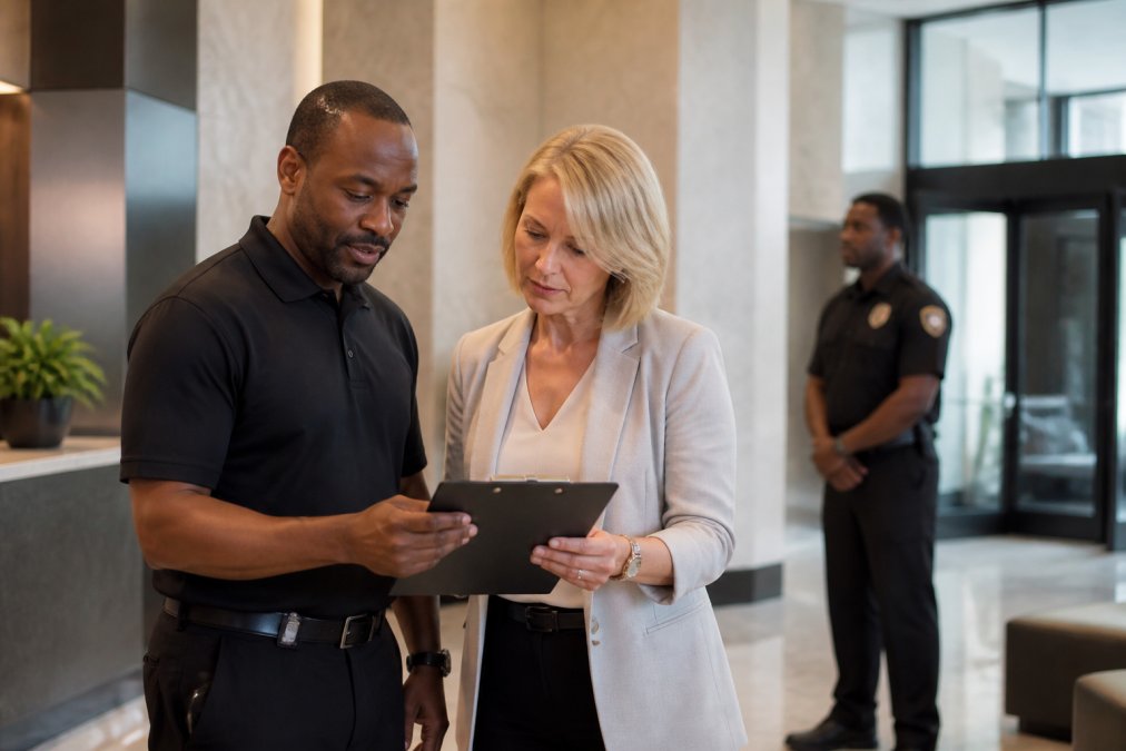 Security supervisor and property manager reviewing a checklist during a security company contract transition guide.