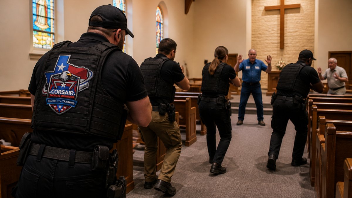 Security personnel practice tactical response with staff to meet security credentials for religious organizations.