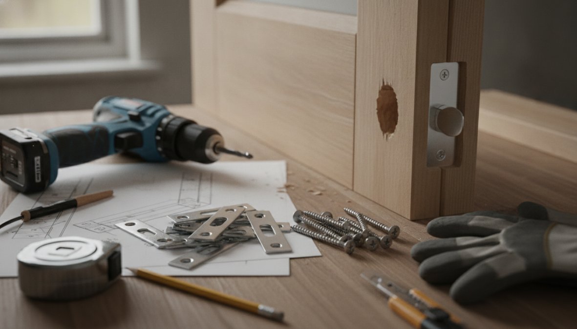 Close-up of hands installing a security strike plate on a wooden door frame, with a drill and long screws visible, showing proper alignment and positioning