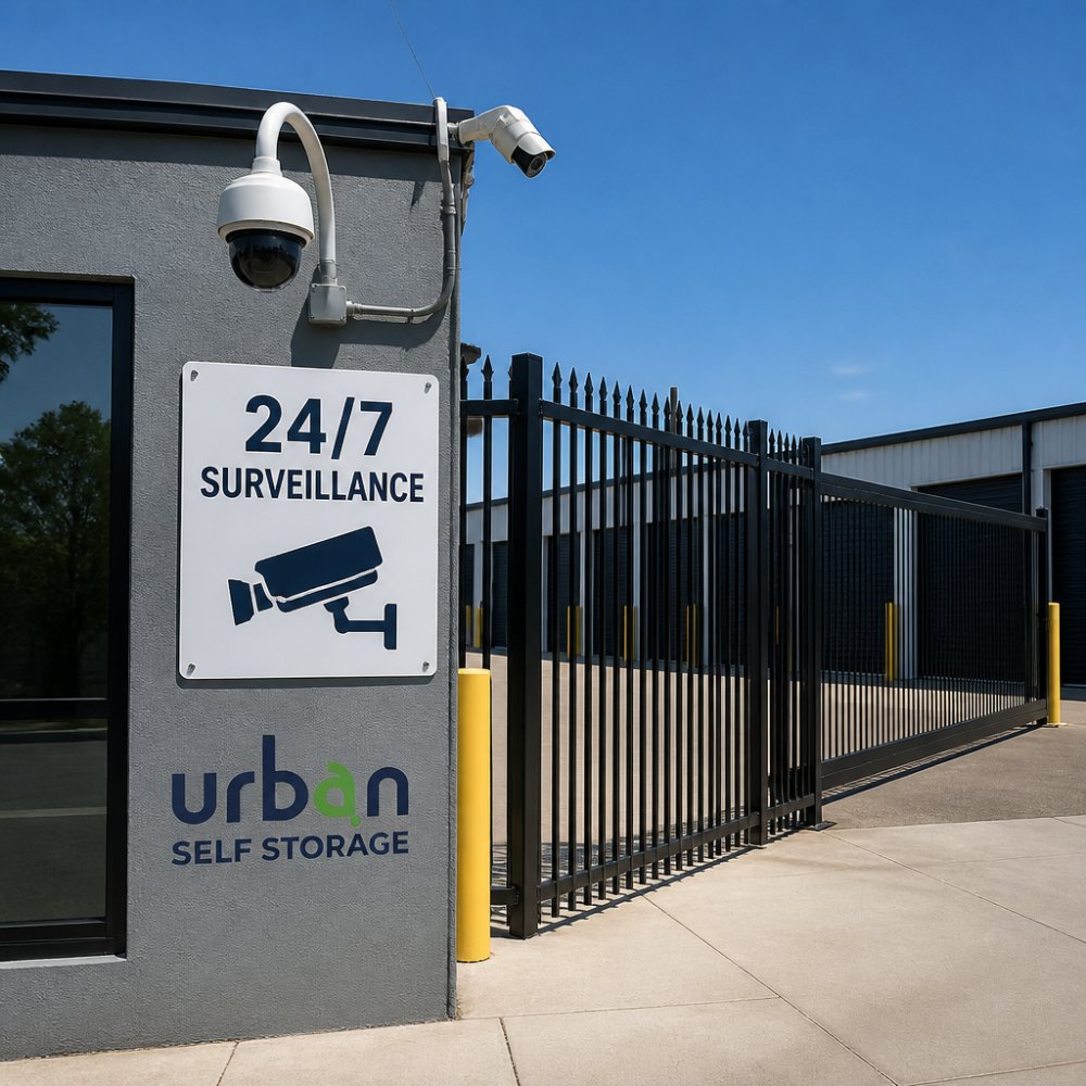 Modern storage facility entrance with visible CCTV dome cameras mounted above secure gate, well-lit perimeter fencing with reinforced metal gates, and professional signage indicating 24/7 surveillance