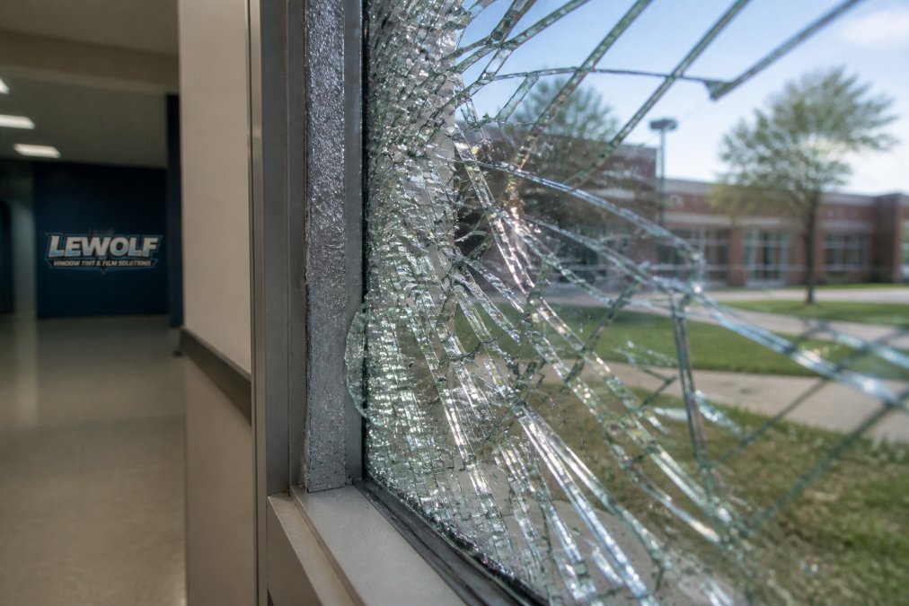 Close-up of security film bonded to fractured school window glass, showing polyester layer holding glass fragments intact with visible adhesive interface and structural integrity maintained after impact