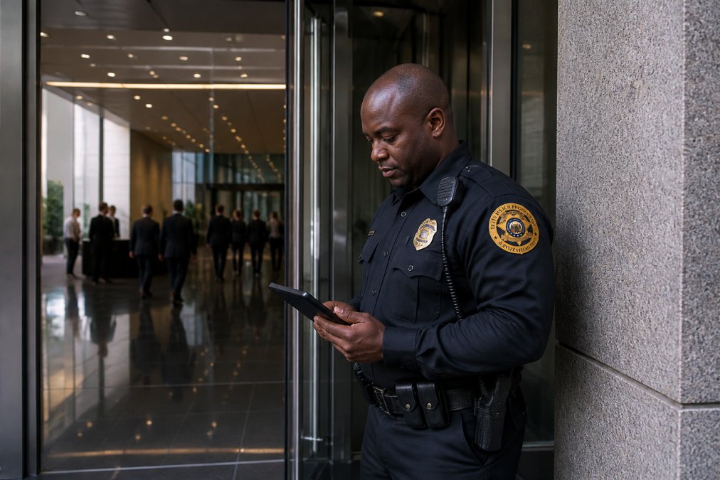 Security firm officer in uniform scanning a tablet at a corporate building entrance