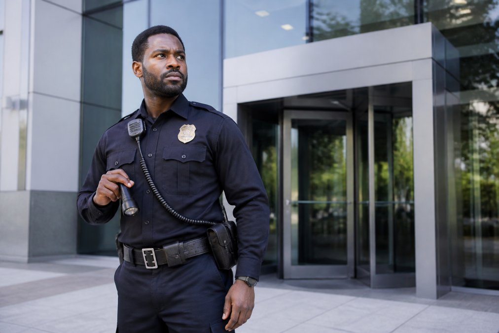 Professional security guard in uniform conducting site patrol and surveillance monitoring at corporate building entrance with glass doors, professional attire, alert posture, daytime lighting