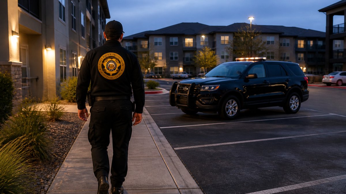Uniformed security guard performing foot patrol at an apartment complex with a marked vehicle nearby