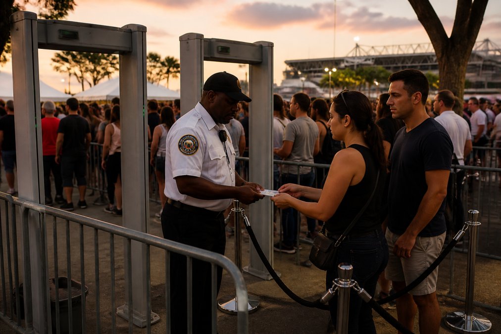 A security guard checks guest credentials at an outdoor event venue, highlighting the need for security guard staffing for