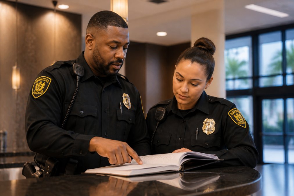 Security supervisor reviewing guard training standards with a guard at a modern commercial property desk