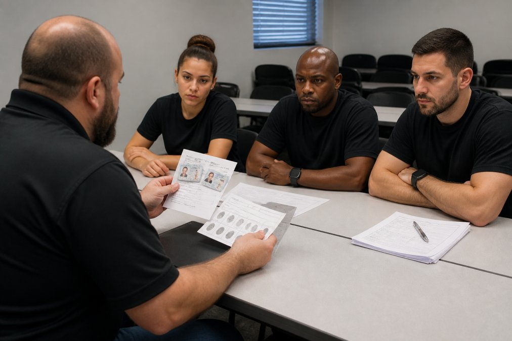 A security training instructor in a classroom reviewing identification documents and fingerprint cards with a small group of adult students seated at tables under fluorescent lighting