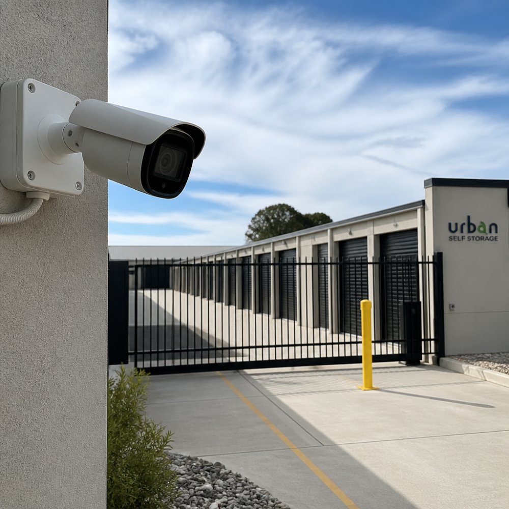 Professional security camera mounted on exterior wall of storage facility entrance, capturing clear view of gate and unit access area with daylight illumination on modern facility