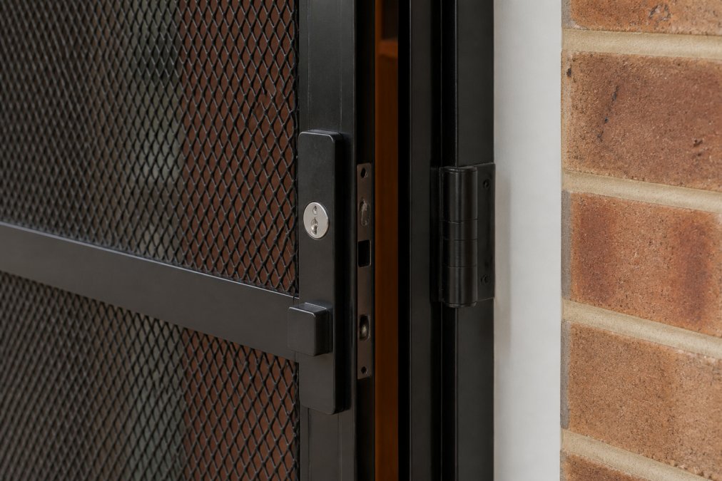 Close-up of reinforced steel mesh security screen door frame showing the metal construction, hinges, and deadbolt hardware installed in a residential entryway