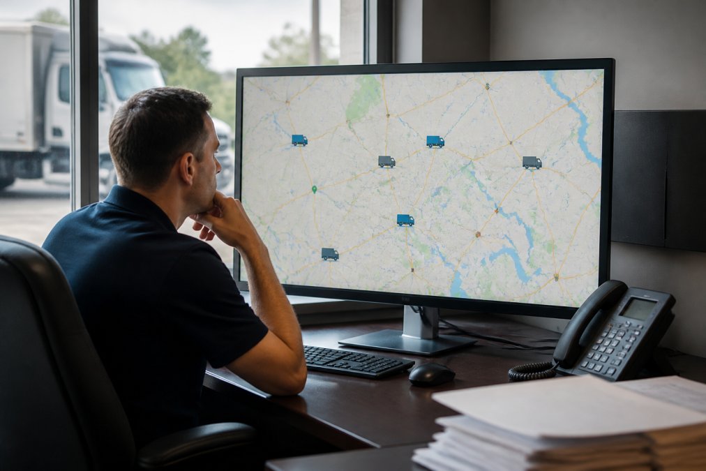 Fleet manager in a logistics office reviewing vehicle locations on a large monitor displaying a live map with multiple truck icons, with a commercial vehicle visible through the window behind them