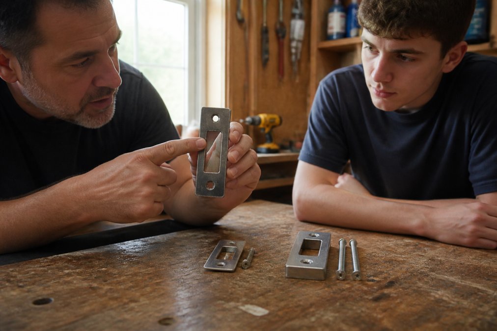 Close-up photograph of two door strike plates lying side by side on a workbench, one thin standard plate with short screws and one thick heavy-duty steel security plate with long screws, natural light from a nearby window