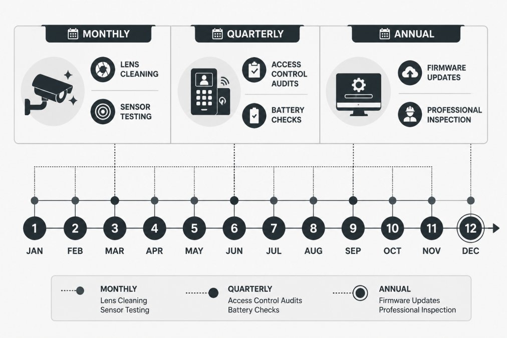 Timeline chart for a security system maintenance schedule featuring monthly, quarterly, and annual tasks.