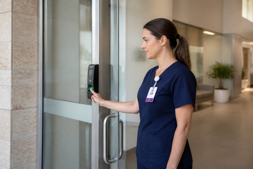 Healthcare worker using biometric fingerprint scanner at secure hospital entrance with ID badge visible and modern glass doors
