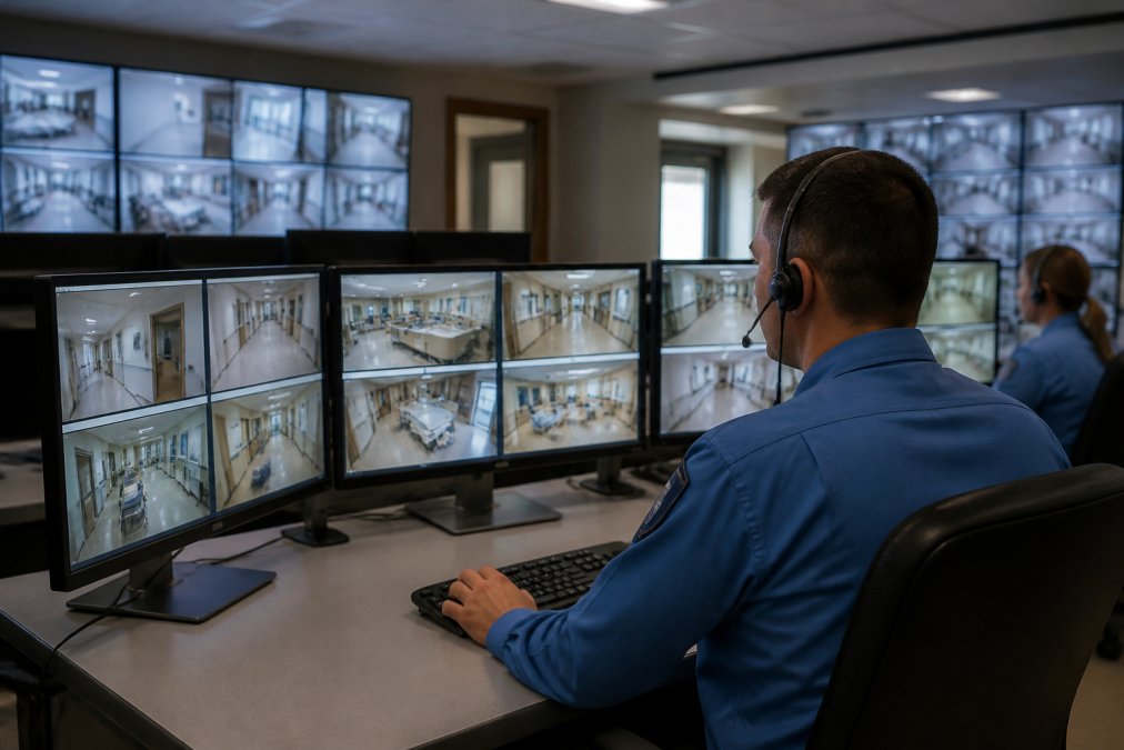 Security operations center with multiple display monitors showing real-time video feeds from hospital corridors, emergency room, and entrance areas with security staff monitoring