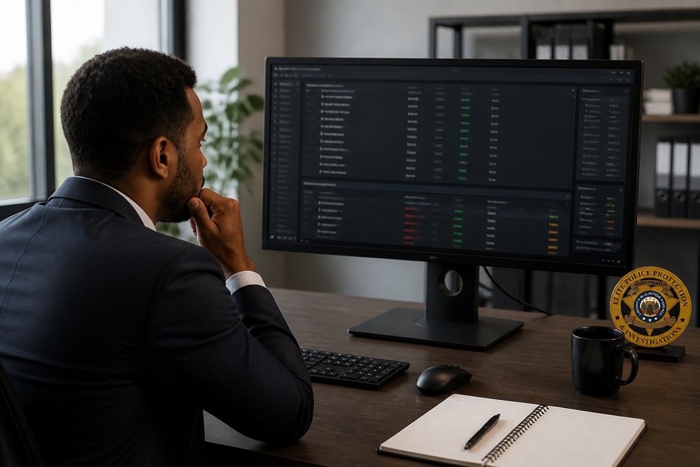A cybersecurity professional in business attire reviewing a security dashboard on a large monitor in a modern office, a notepad and coffee on the desk beside them