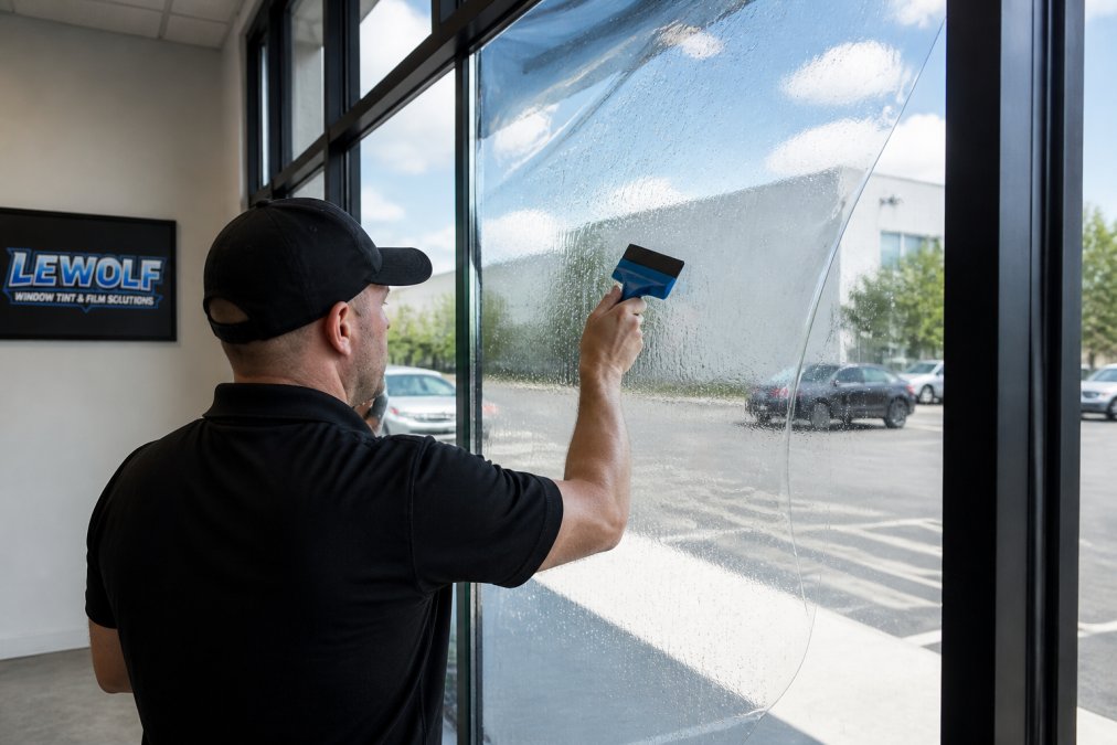 Close-up of a professional installer applying clear security film to a large storefront window with a squeegee, showing the film conforming to the glass surface