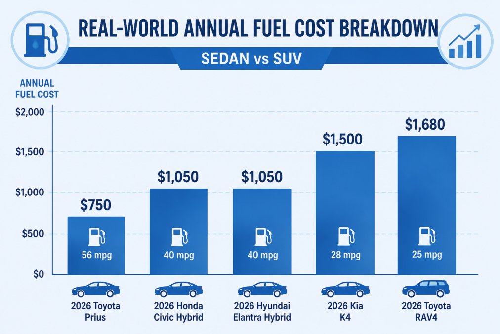 Bar chart comparing annual fuel costs for sedans vs SUV: 2026 Toyota Prius ~$750 (56 mpg), 2026 Honda Civic Hybrid ~$1,050 (40 mpg), 2026 Hyundai Elantra Hybrid ~$1,050 (40 mpg), 2026 Kia K4 ~$1,500 (28 mpg), 2026 Toyota RAV4 ~$1,680 (25 mpg)