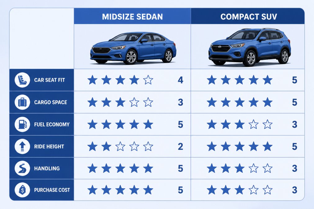 Side-by-side comparison matrix of a midsize sedan and a compact SUV across six categories: car seat fit, cargo space, fuel economy, ride height, handling, and purchase cost, each rated on a five-point scale