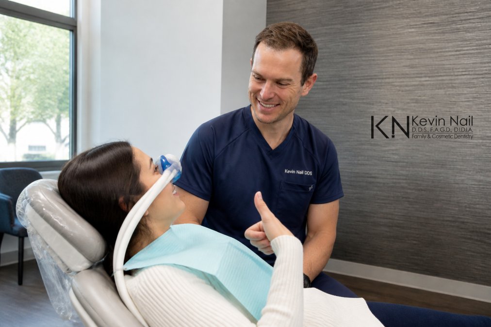 Calm patient wearing a nitrous oxide mask and giving a thumbs up during a sedation dentistry appointment
