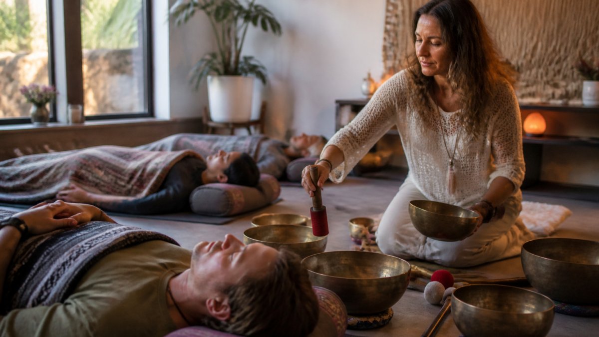 A serene sound bath setup in a softly lit studio, with singing bowls, a yoga mat, and a folded blanket arranged on the floor, warm ambient light, no people