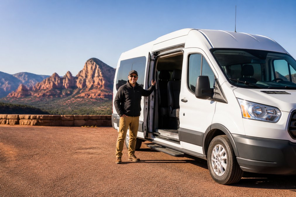 A white Ford Transit van parked at a scenic Sedona overlook with red rock formations in the background, a professional guide standing by the open side door in morning light