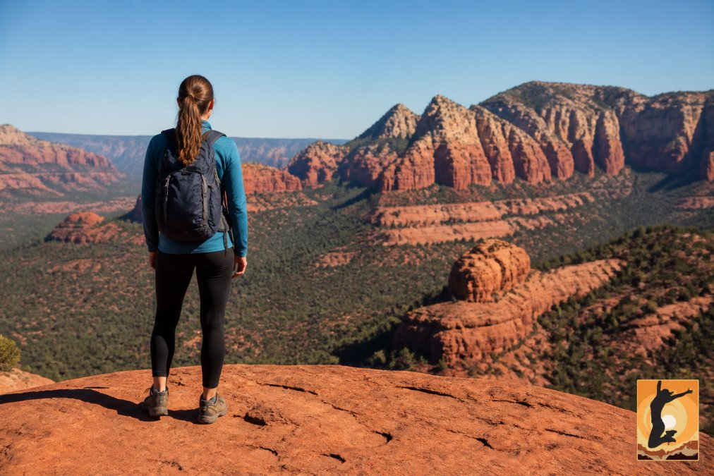 A hiker standing on a broad red sandstone ledge overlooking Sedona's canyon landscape, vivid orange and red geological formations layered in the background, clear blue sky above, warm afternoon light