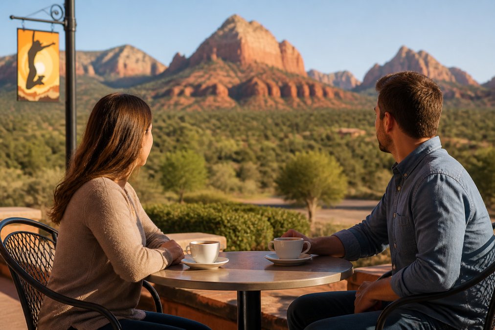 A couple seated at a small outdoor cafe table in Sedona, red rock formations visible in the warm distance behind them, coffee cups on the table, relaxed posture, soft desert morning light