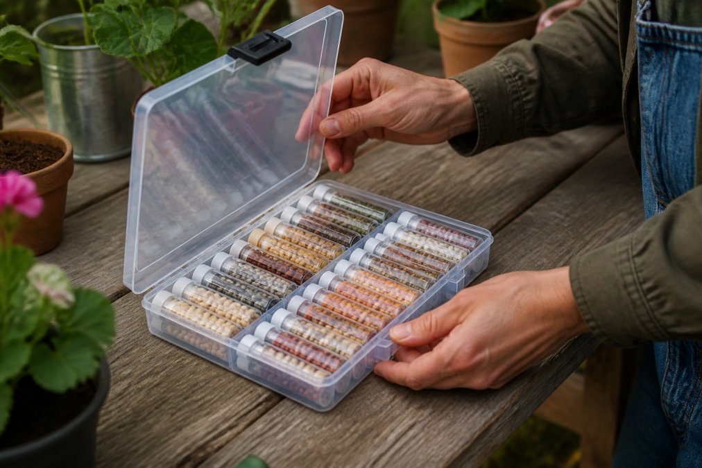 A gardener's hands opening a durable plastic storage case with clear vials neatly arranged in rows, each filled with different colored seeds and labeled with tags, set on a wooden garden table with soft natural light