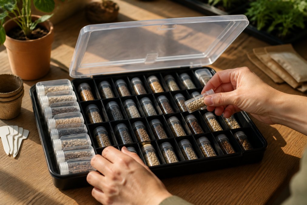 Hands carefully placing labeled seed vials into compartments of an open seed storage organizer on a wooden table with morning sunlight streaming across the surface