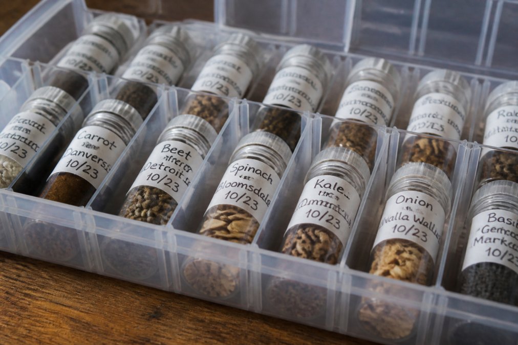 Close-up of neatly labeled seed vials with handwritten variety names and storage dates, arranged in organized rows within compartments of a seed organizer box