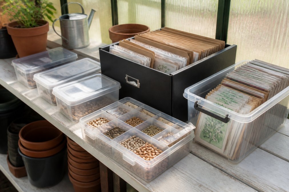 Close-up of organized seed storage system with labeled envelopes, seed packets, and storage containers neatly arranged on a greenhouse shelf with natural light filtering through greenhouse panes