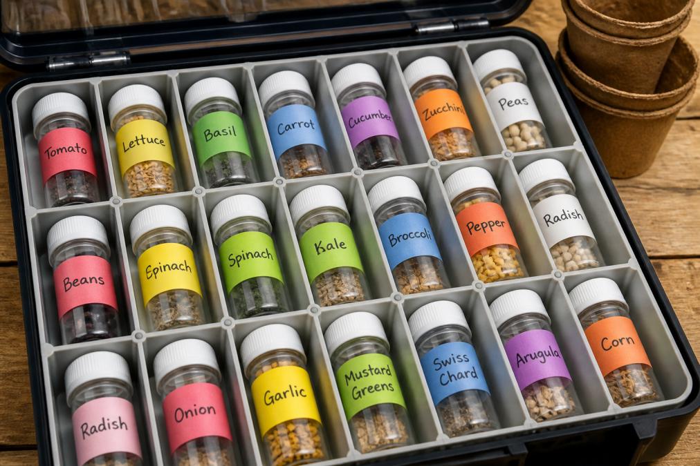 Close-up of organized seed vials with handwritten labels inside a storage organizer, showing multiple compartments with different seed varieties clearly visible and color-coded labels