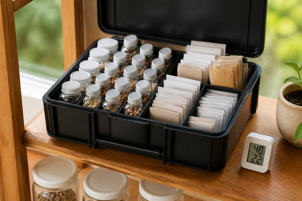 A close-up of an organized seed storage case on a wooden shelf, with labeled vials and envelopes arranged neatly, a small digital humidity meter visible nearby, lit by soft natural window light