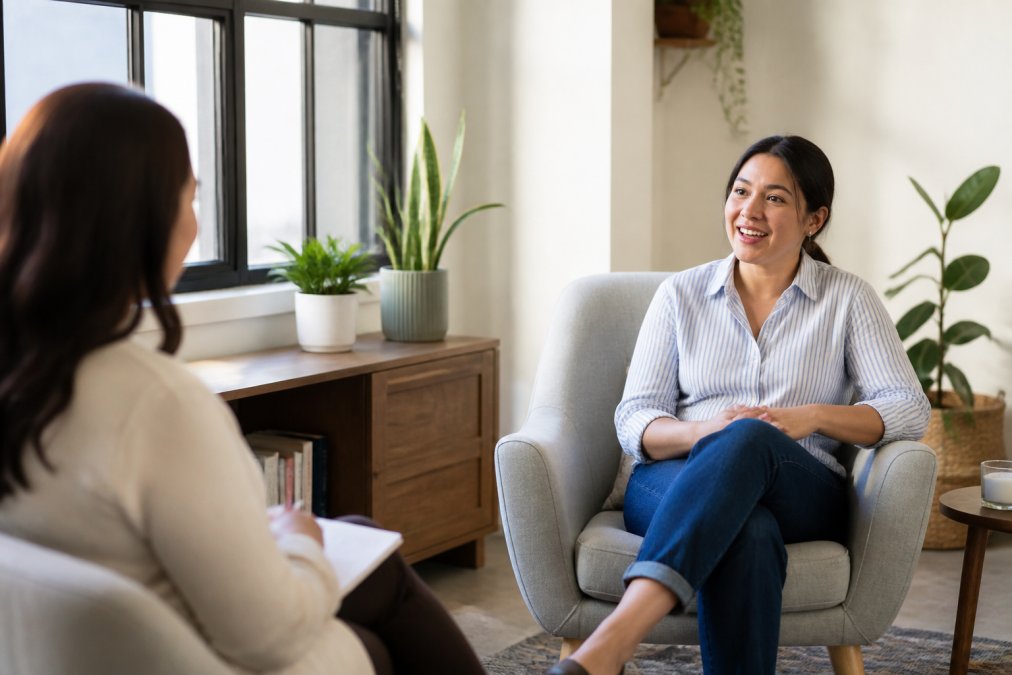 Two women talking in an office, with one taking notes while the other shares her experience