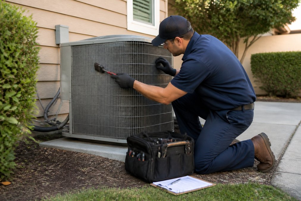 Technician cleaning outdoor AC condenser coils to maintain optimal SEER rating efficiency