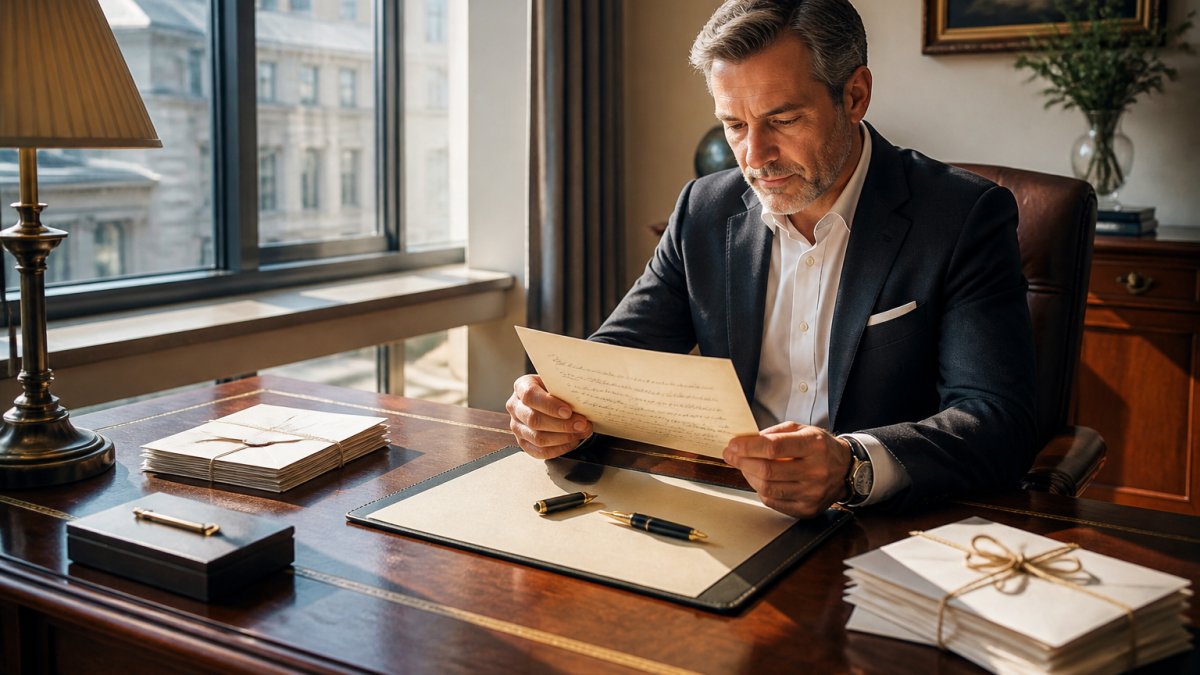 Professional reviewing handwritten letter at luxury wooden desk with fountain pen, morning light streaming through large windows, modern office setting