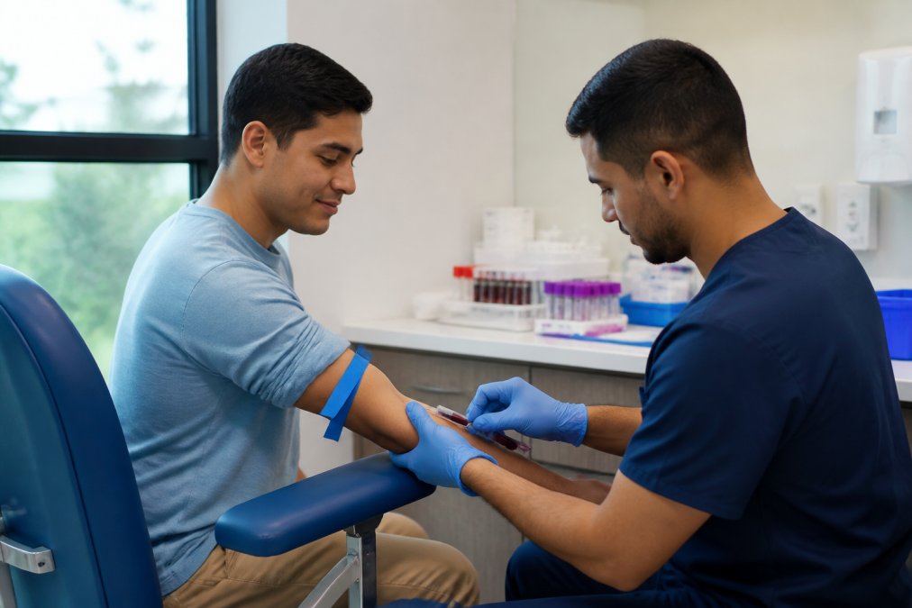 Profesional de salud realizando extracción de sangre a un paciente en un consultorio médico moderno, con equipo de laboratorio visible de fondo y luz natural