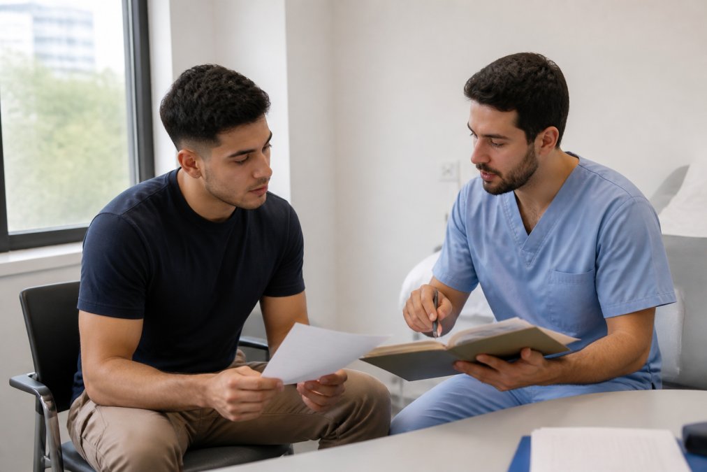 Paciente en una consulta médica, revisando documentos con un profesional de salud en un ambiente confidencial y profesional con luz natural