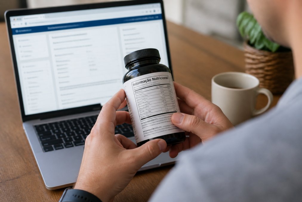 Close-up of a person's hands holding a supplement bottle, turning it to read the label, with a laptop showing a verification website in the background on a wooden table
