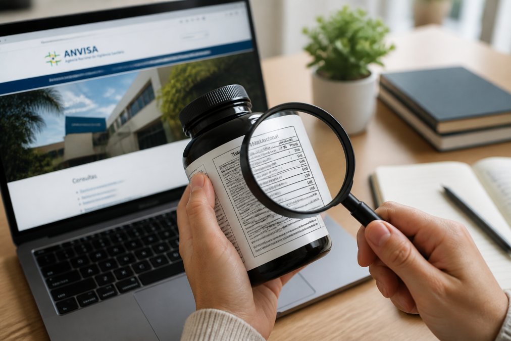 Close-up of hands holding a supplement bottle with a magnifying glass inspecting the label, with a laptop showing the ANVISA website in the background, in a bright home office setting