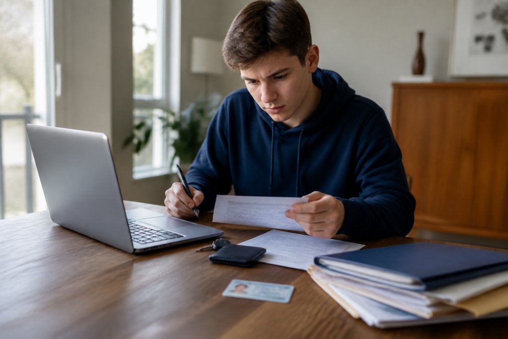 Joven conductor nuevo revisando documentos de vehículo y completando formulario de cotización de seguro en una laptop, con licencia de conducir y papeles sobre el escritorio de madera