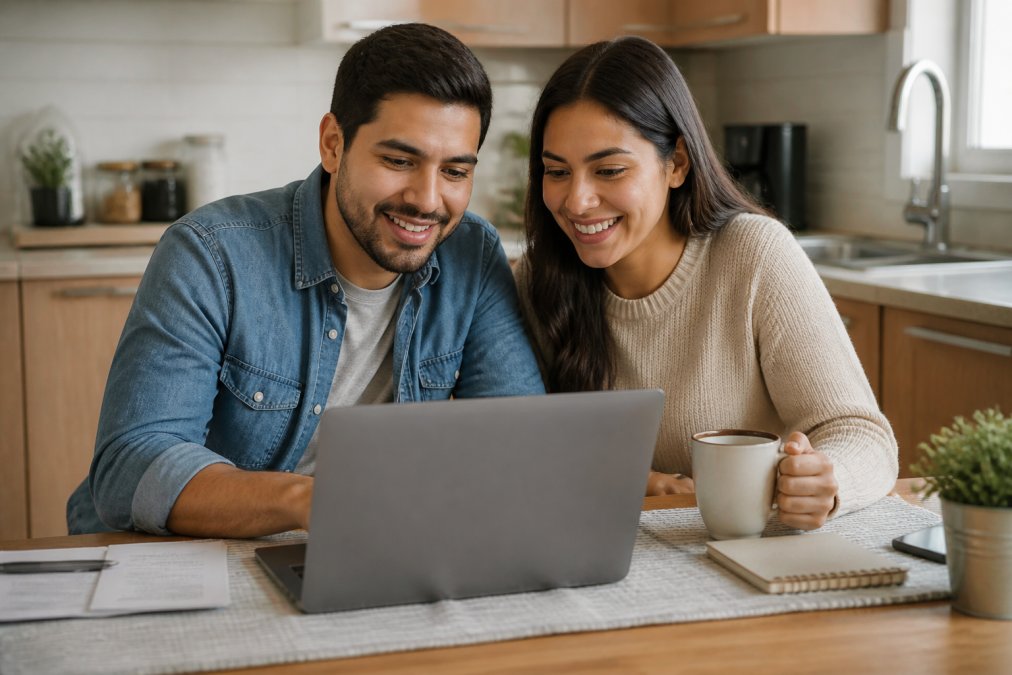 Pareja joven comparando opciones de seguro de inquilino económico en una computadora portátil desde su hogar