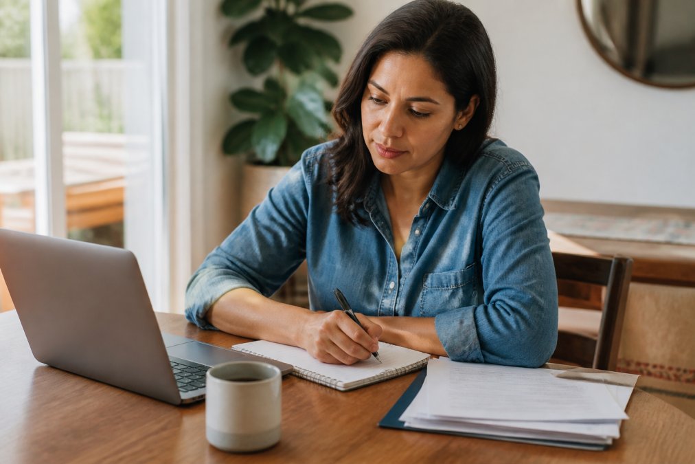 Persona revisando cotizaciones de seguros baratos en su laptop mientras toma notas en una mesa con café