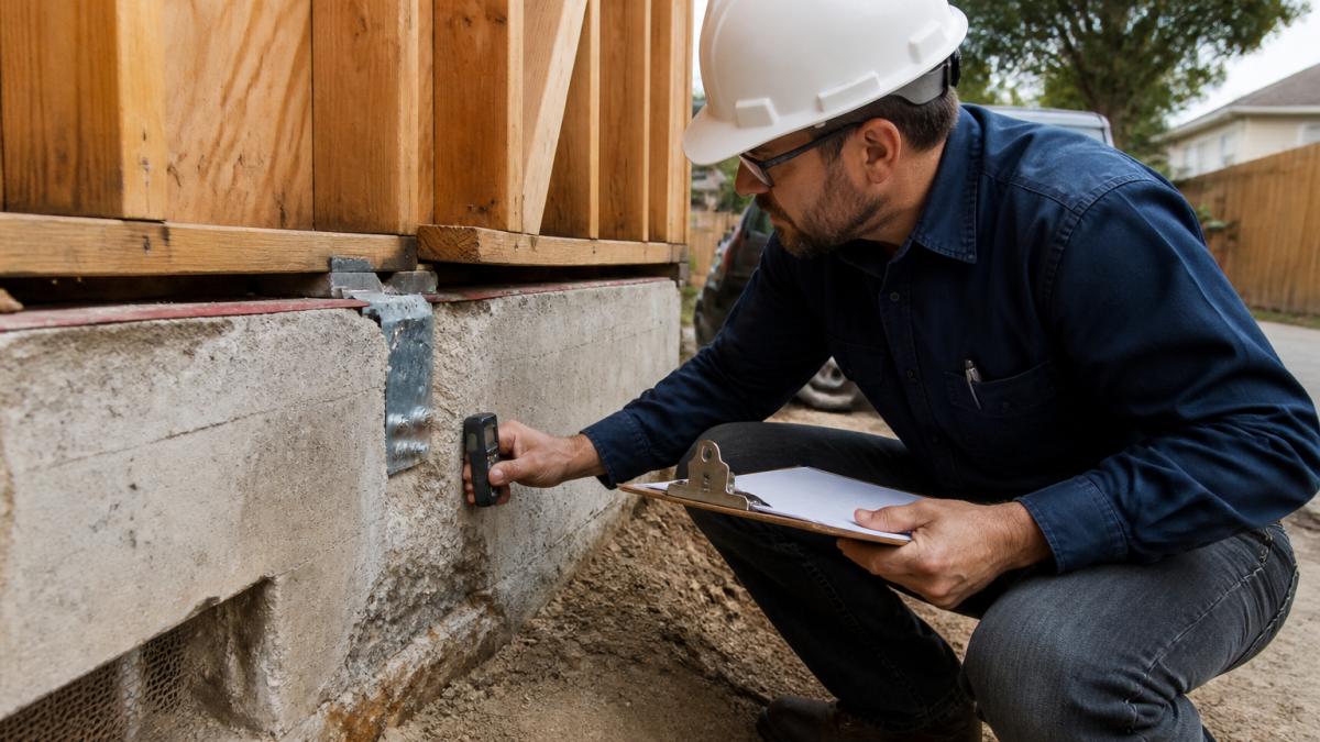 Professional structural engineer examining foundation bolts and concrete connections on residential home foundation, using digital measuring tools and recording observations on clipboard in natural daylight