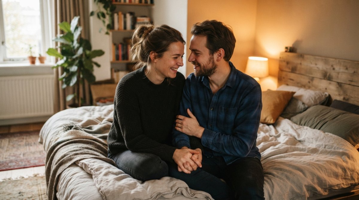 Een koppel in hun dertig in een gezellige slaapkamer met warm, zacht licht dat elkaar aankijkt met glimlachen en een moment van oprechte verbinding en tederheid