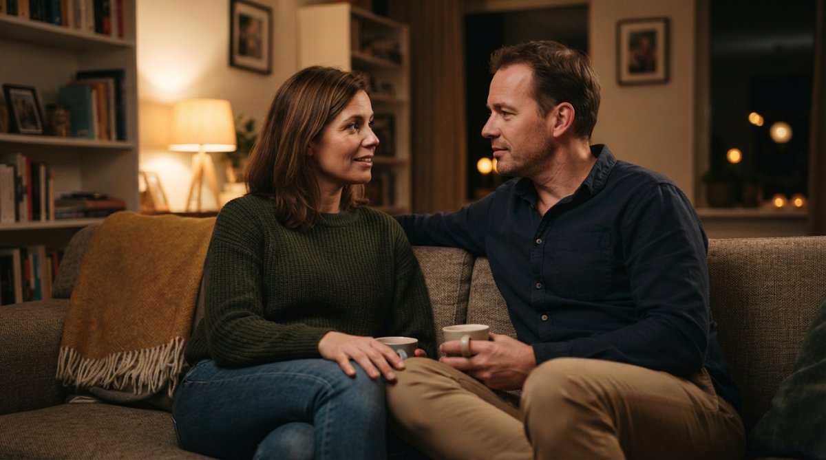 Een heteroseksueel koppel in hun veertig zittend op een bank in een warm verlichte woonkamer, dicht bij elkaar, in een moment van open en eerlijke conversatie met elkaar aankijkend