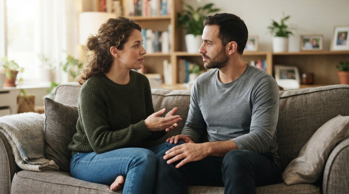 Een koppel dat samen op de bank zit en serieus met elkaar praat, ontspannen en respectvol